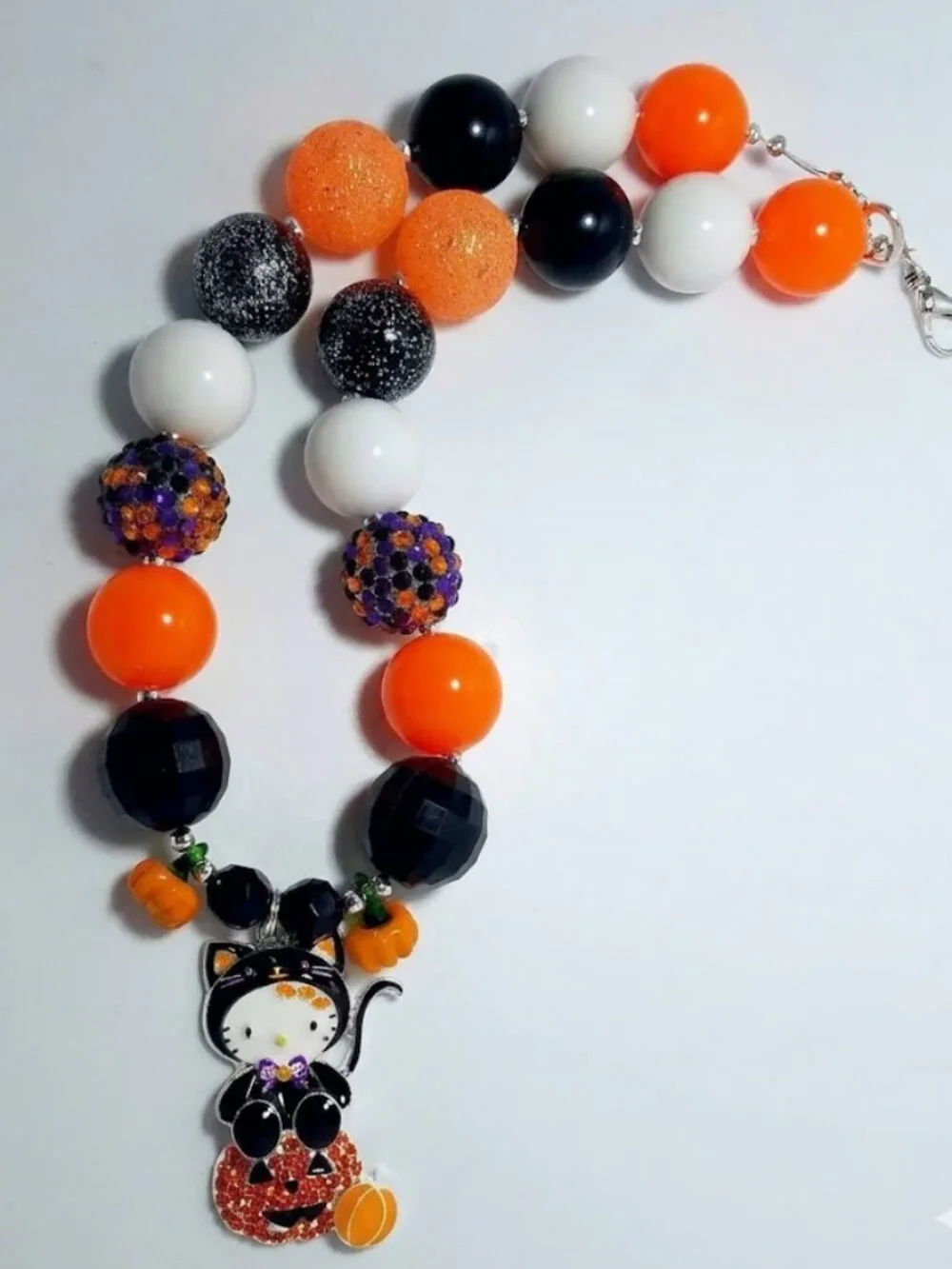 Rhinestone Kitty Pumpkin Halloween chunky bead necklace orange / black / white